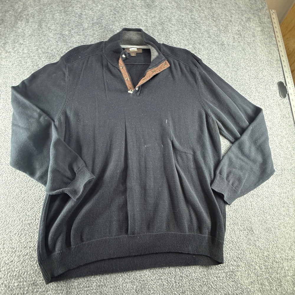 Tasso Elba Mens Quarter Zip Snap Mock Neck Sweater Black XL Cotton Suede Trim